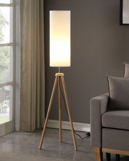 58" Natural Wood Look Tripod Floor Lamp With White Shade
