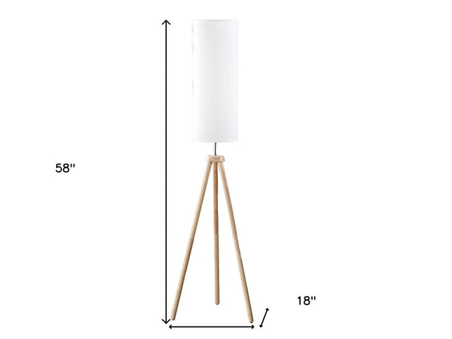 58" Natural Wood Look Tripod Floor Lamp With White Shade