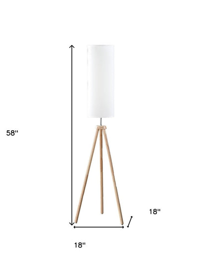 58" Natural Wood Look Tripod Floor Lamp With White Shade