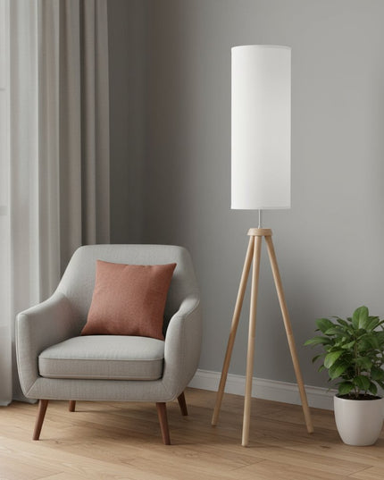 58" Natural Wood Look Tripod Floor Lamp With White Shade