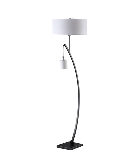 59" Matte Black Dual Arc Floor Lamp With White Drum Shade