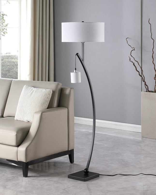 59" Matte Black Dual Arc Floor Lamp With White Drum Shade