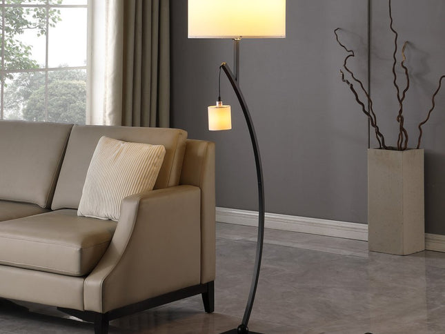 59" Matte Black Dual Arc Floor Lamp With White Drum Shade