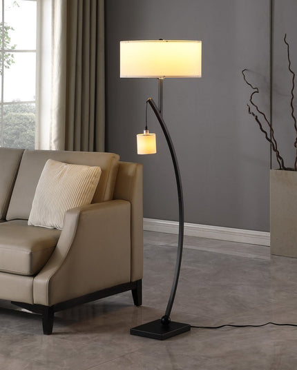 59" Matte Black Dual Arc Floor Lamp With White Drum Shade
