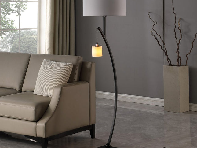 59" Matte Black Dual Arc Floor Lamp With White Drum Shade