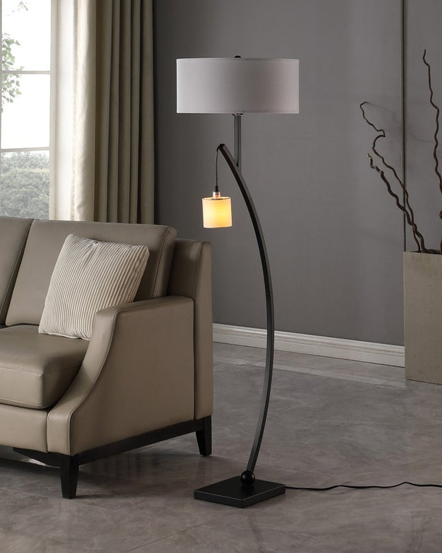 59" Matte Black Dual Arc Floor Lamp With White Drum Shade