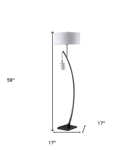 59" Matte Black Dual Arc Floor Lamp With White Drum Shade