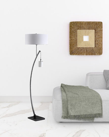 59" Matte Black Dual Arc Floor Lamp With White Drum Shade