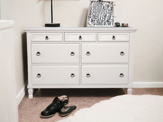 62" White Solid Wood Seven Drawer Double Dresser