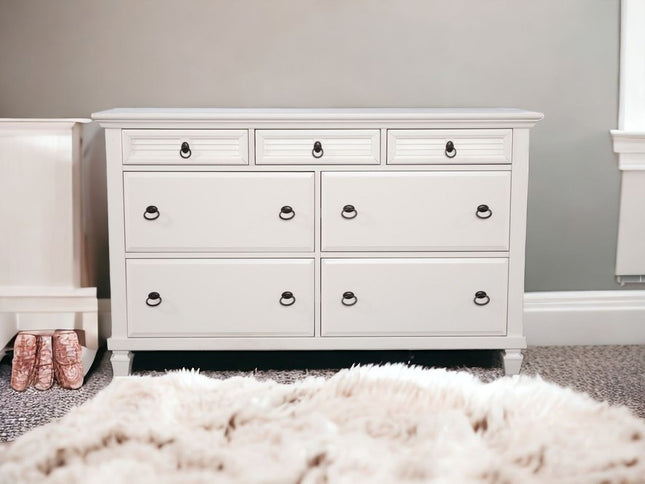 62" White Solid Wood Seven Drawer Double Dresser