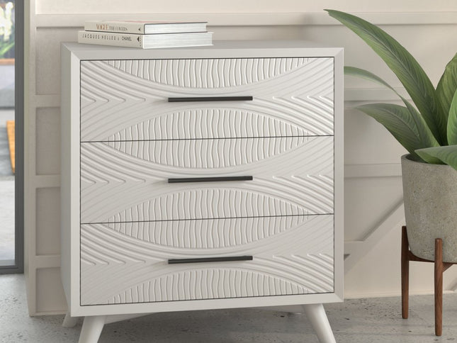 34" White Carved Geometric Solid Wood Three Drawer Dresser