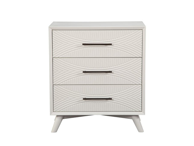 34" White Carved Geometric Solid Wood Three Drawer Dresser