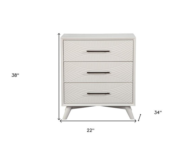 34" White Carved Geometric Solid Wood Three Drawer Dresser