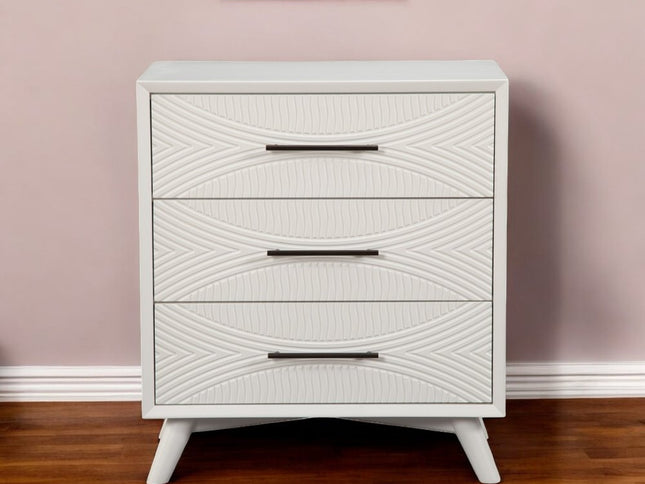 34" White Carved Geometric Solid Wood Three Drawer Dresser