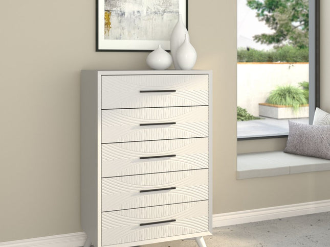 34" White Carved Geometric Solid Wood Five Drawer Dresser