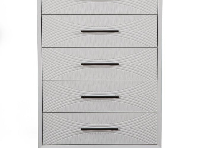 34" White Carved Geometric Solid Wood Five Drawer Dresser