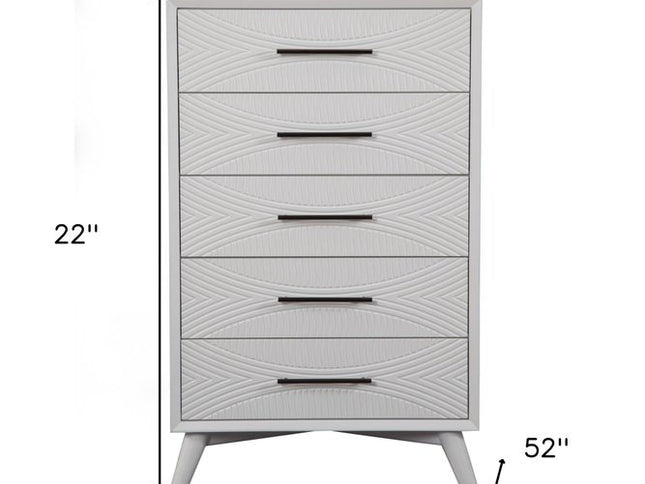 34" White Carved Geometric Solid Wood Five Drawer Dresser