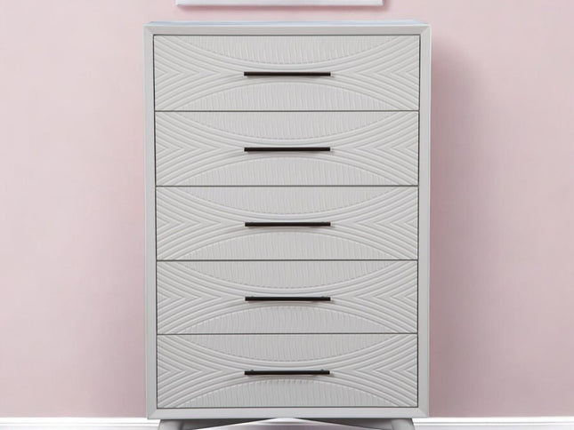 34" White Carved Geometric Solid Wood Five Drawer Dresser