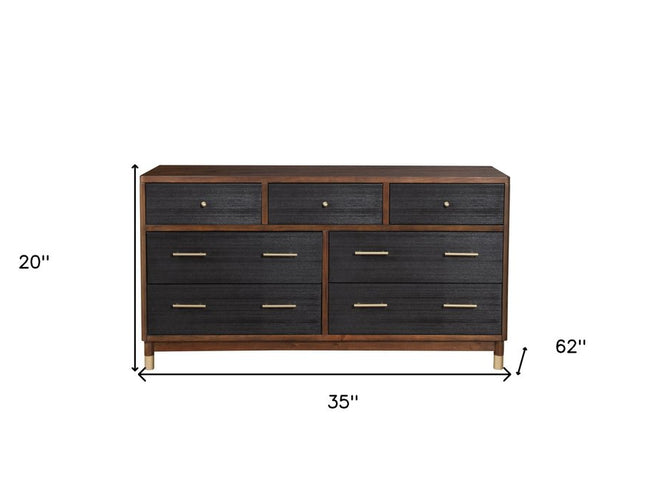 35" Brown and Black Solid Wood Seven Drawer Double Dresser