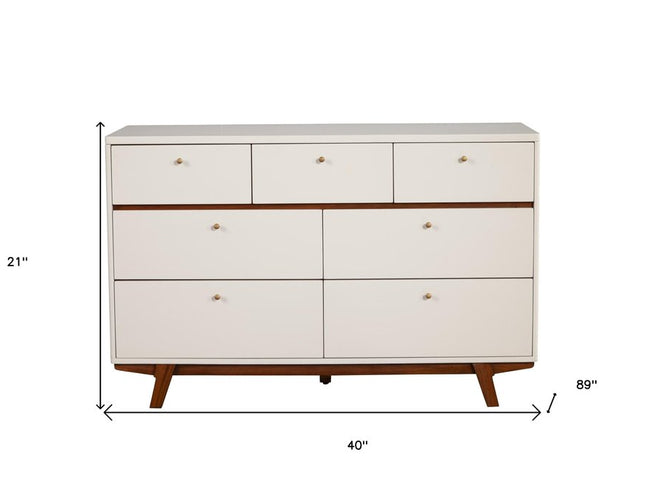 56" Brown and White Solid Wood Seven Drawer Double Dresser