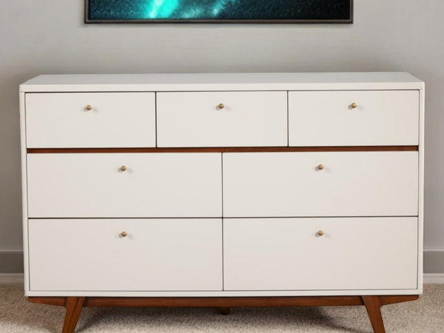 56" Brown and White Solid Wood Seven Drawer Double Dresser