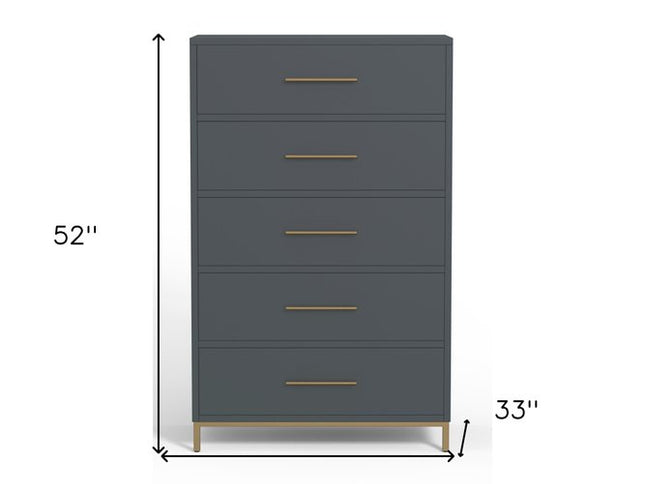33" Gray Solid Wood Five Drawer Dresser
