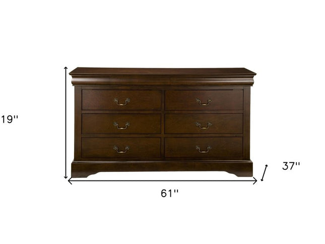 60" Brown Solid Wood Six Drawer Double Dresser