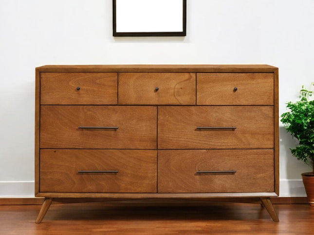 56" Brown Solid Wood Seven Drawer Double Dresser
