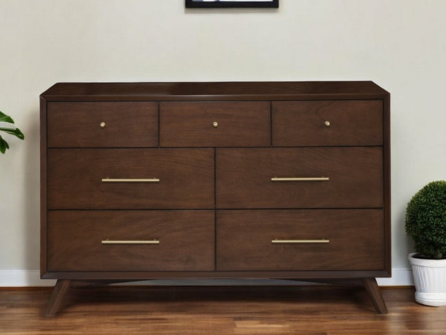 60" Walnut Solid Wood Seven Drawer Double Dresser
