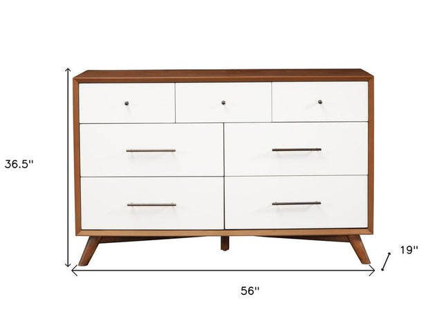 56" Brown and White Solid Wood Seven Drawer Double Dresser