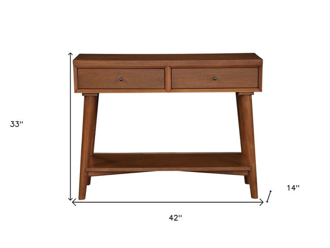 42" Brown Floor Shelf Console Table With Shelves And Drawers