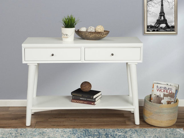 42" White Solid Wood Console Table With Shelves And Drawers