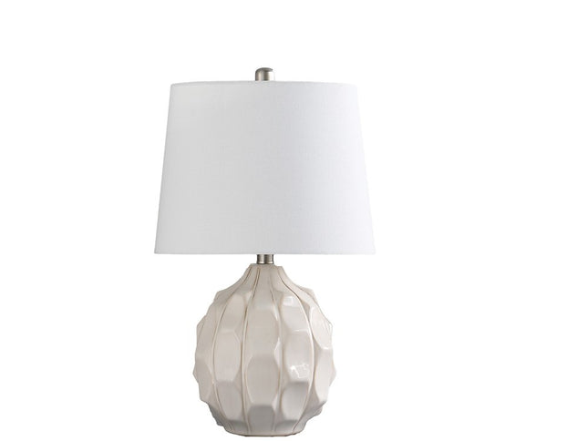 22" Cream Ceramic Faceted Table Lamp With Off White Drum Shade