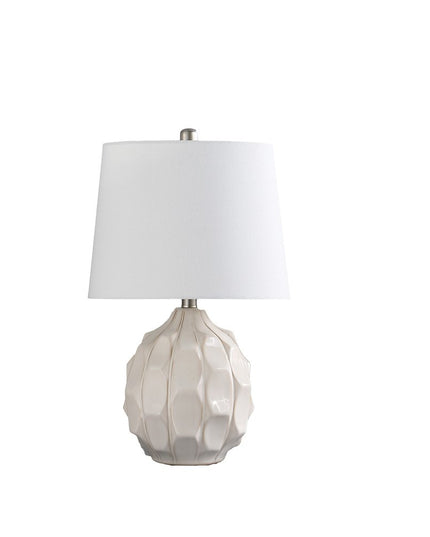 22" Cream Ceramic Faceted Table Lamp With Off White Drum Shade