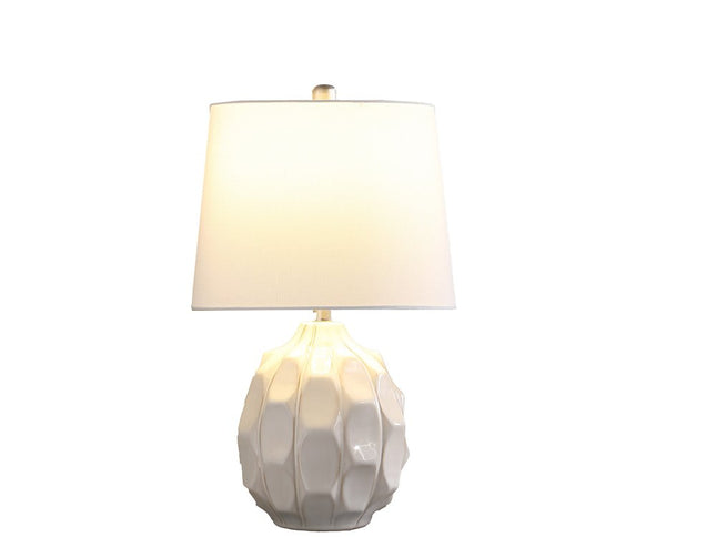 22" Cream Ceramic Faceted Table Lamp With Off White Drum Shade