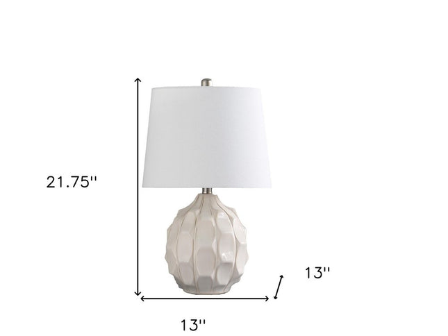 22" Cream Ceramic Faceted Table Lamp With Off White Drum Shade