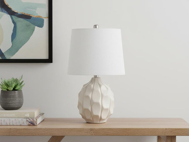 22" Cream Ceramic Faceted Table Lamp With Off White Drum Shade