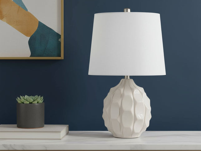 22" Cream Ceramic Faceted Table Lamp With Off White Drum Shade