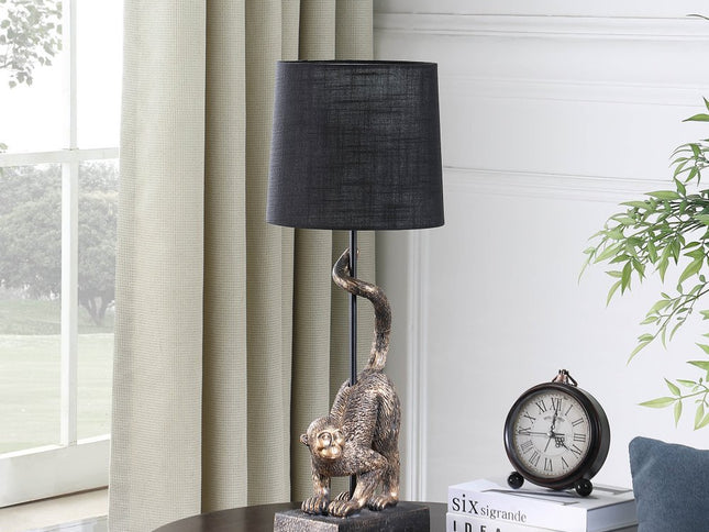 24" Antiqued Gold Monkey Table Lamp With Black Drum Shade