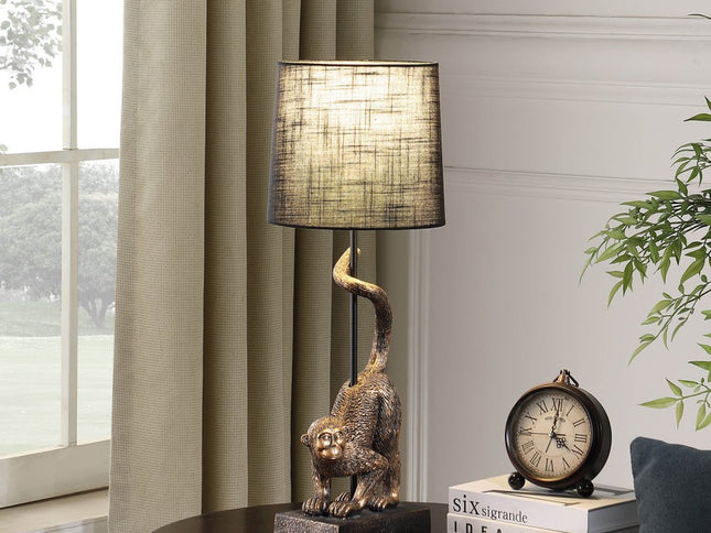24" Antiqued Gold Monkey Table Lamp With Black Drum Shade