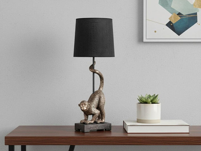 24" Antiqued Gold Monkey Table Lamp With Black Drum Shade