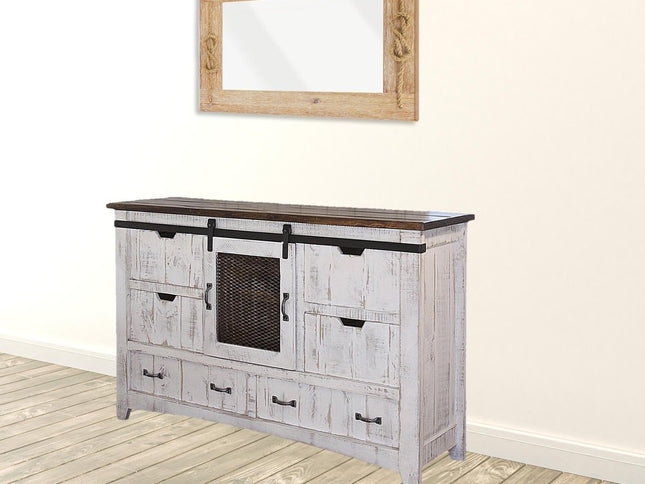62" Antiqued White Solid Wood Six Drawer Triple Dresser
