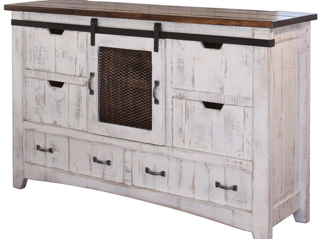 62" Antiqued White Solid Wood Six Drawer Triple Dresser
