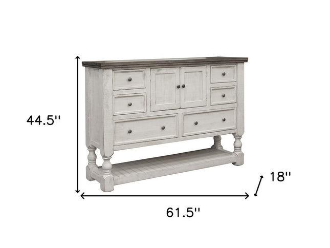 62" Gray and Ivory Solid Wood Six Drawer Triple Dresser