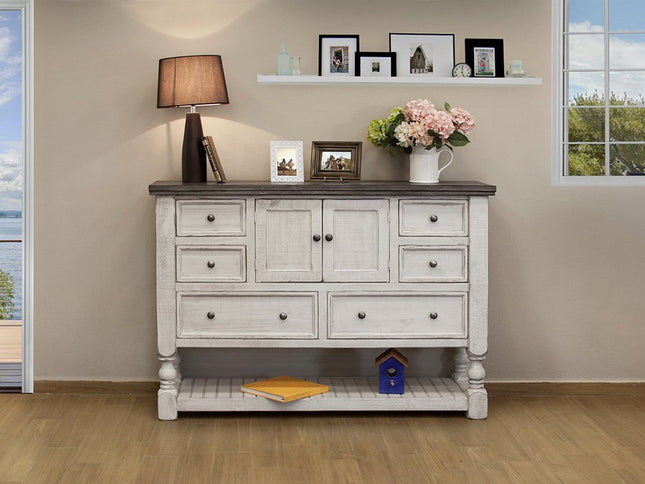 62" Gray and Ivory Solid Wood Six Drawer Triple Dresser