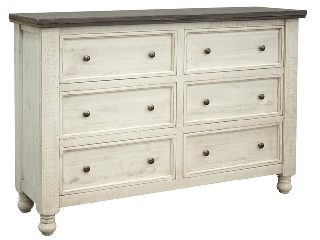 62" Gray and Ivory Solid Wood Six Drawer Double Dresser