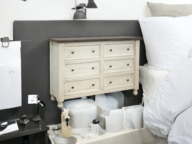 62" Gray and Ivory Solid Wood Six Drawer Double Dresser