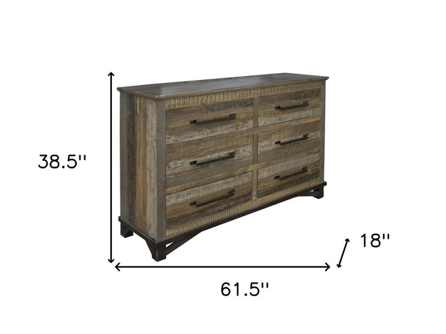 62" Brown Solid Wood Six Drawer Double Dresser