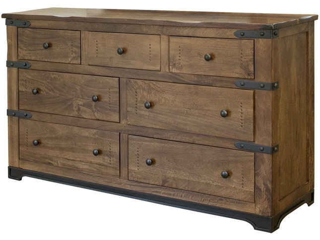 70" Brown and Black Solid Wood Seven Drawer Triple Dresser