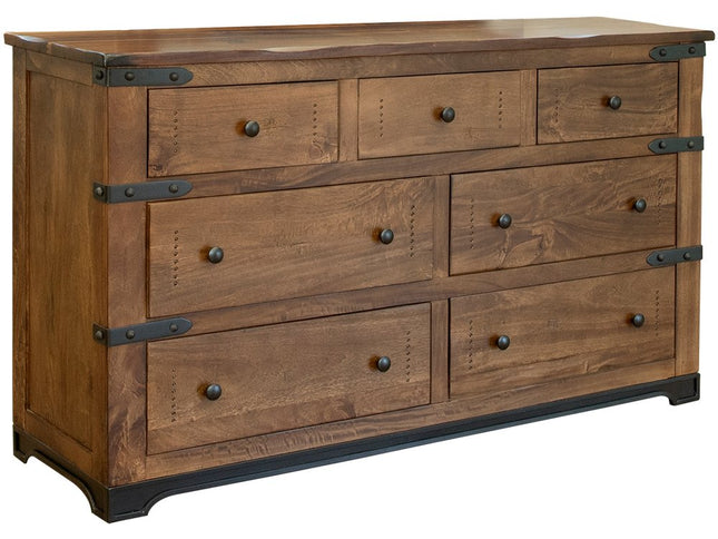 70" Brown and Black Solid Wood Seven Drawer Triple Dresser